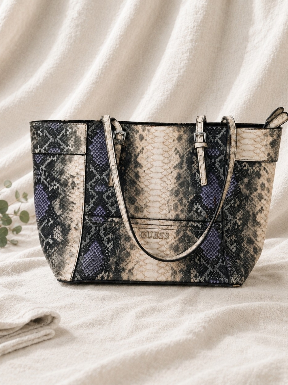 Guess Python Print Tote Handbag Lavender Black Cream Large Designer Purse